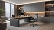 © mac - A high tech advanced and luxurious cabin of a director of a company. in which there is a modern wooden table and a gray lather moving chair and a small cupboard.