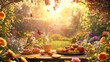 © Veayo - A vibrant and cheerful morning scene with a glowing sunrise. A cozy breakfast table is set outdoors, surrounded by colorful flowers.