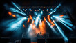 © altitudevisual - Concert stage with dramatic lighting effects, smoke, and music equipment including drums, amplifiers, and speakers, giving a vibrant and energetic atmosphere.