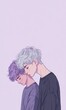 © kkkiim graphic - Two Men couple, One with Silver Hair and the Other with Purple Hair, with One Resting His Head on the Other's Shoulder and Ample Copy Space