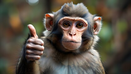 Wall Mural - Monkey giving a thumbs-up sign, expressing positivity and approval in a playful manner