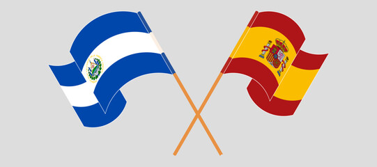 Sticker - Crossed and waving flags of Republic of El Salvador and Spain. Vector illustration