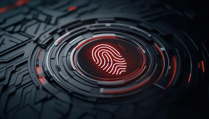 Closeup of a digital fingerprint scan with a futuristic interface displaying access granted, cybersecurity approval, biometric access