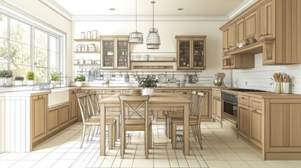 Interior design blueprint sketch painting background while the space becomes real with a Japanese kitchen. Before and after concept, architect designer creative work flow.