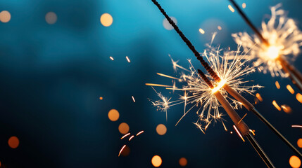 close-up of sparklers ignited in the dark, emitting bright sparks and bokeh light effects against a 