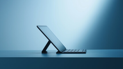 Poster - Modern tablet computer standing on desk in blue room