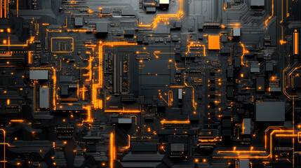 Poster - Futuristic circuit board glowing with orange lights