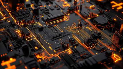 Poster - Complex black circuit board glowing orange in the dark