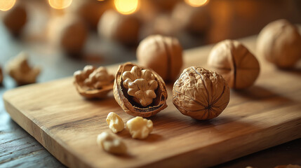 Walnuts in shell and peeled walnut kernels on cutting board