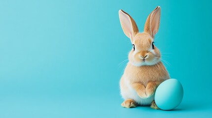 A cute rabbit sitting beside a pastel blue egg on a bright turquoise background.