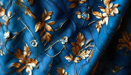 Luxury floral texture with a blue abstract flower background featuring distressed leather and cowboy craftsmanship for a decorative fashion design