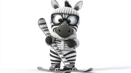 Funny zebra wearing winter clothes is skiing on white background