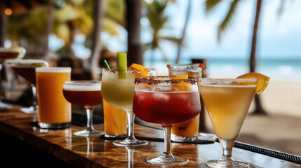 Poster - A variety of colorful cocktails on a bar countertop with a blurry beach and palm trees in the background.