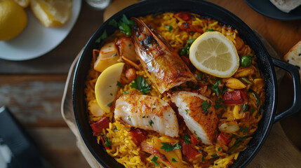 Alicante-style paella is a tasty rice dish from Spain. It's made with monkfish, saffron, vegetables, and spices.