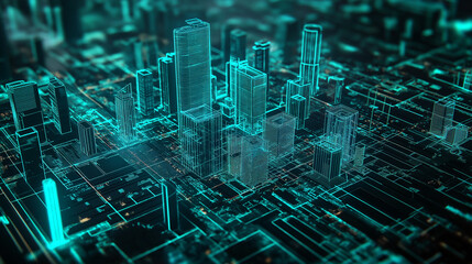 Poster - Futuristic cityscape emerging from circuit board pattern: