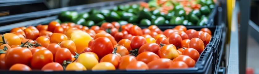 Fresh Red and Yellow Tomatoes in a Black Crate at a Grocery Store