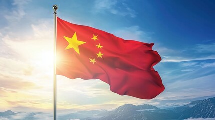 An ultra-realistic depiction of the Chinese flag flying majestically in the sky, captured in a professional photography style with natural light and soft tones of red and yellow. The flag is adorned w