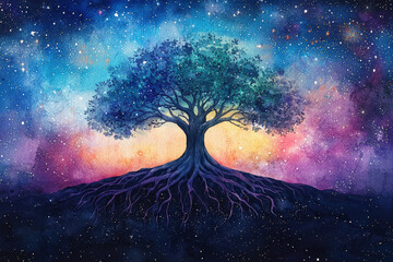 Wall Mural - A majestic tree stands against vibrant cosmic backdrop, its roots spreading into galaxies, symbolizing growth and connection to universe. colors evoke sense of wonder and tranquility