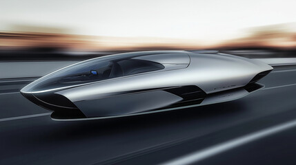 futuristic silver car speeding down a highway with motion blur