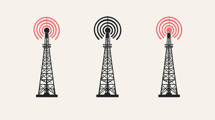 Radio towers broadcasting signals on white background