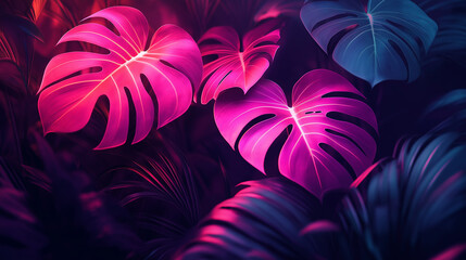 Poster - Tropical monstera leaves glowing in neon light background