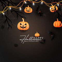 Wall Mural - Realistic Modern Halloween holiday party banner design template with pumpkins and bats. Black color happy Halloween background design. Black color abstract 3D render Halloween Day poster design. 