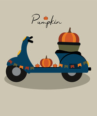 Wall Mural - Illustration with Retro Scooter and Pumpkin