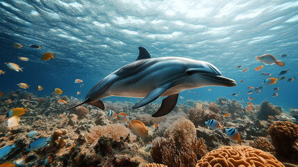 Poster - Dolphin swimming underwater in a vibrant coral reef with various colorful fish and marine life, displaying a serene underwater scene with clear blue water and sunlight filtering through the surface.