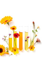 Wall Mural - Test tubes with different flowers on white background. Essential oil extraction isolated with white highlights, png