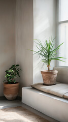 Wall Mural - a serene home apartment coffee relax corner that blends Japandi style ,featuring a wooden chair, a round table, and potted plant 