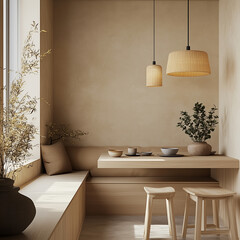 An appealing kitchen corner in an apartment, blending Japandi style with practicality, and incorporating the washing machine seamlessly into the space. and minimal style dining table 