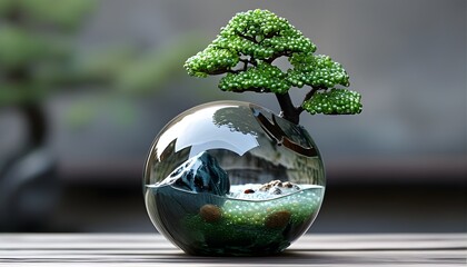 Bonsai Potted Plants Elegantly Displayed in Glass Spheres