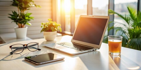 Modern workspace setup with mobile phone, laptop, glasses, and refreshments on a white table, bathed in soft sunlight with glare and shadow, featuring ample copy space.