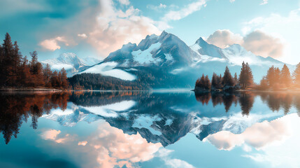 The mountain landscape is perfectly reflected in a mirror like the water surface	