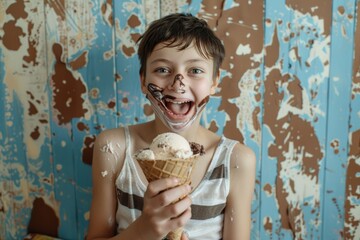 Wall Mural - Child takes delight in every bite of ice cream.  Friendly boy captures audience his engaging smile. Emblem of contemporary vitality and cheerful adolescence.