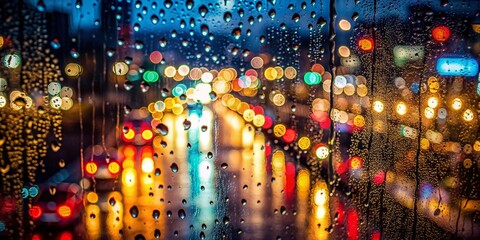 Wall Mural - Rainy night cityscape seen through raindrop-studded window, blurred road lights creating bokeh effect, abstractly capturing urban life during the rainy season.