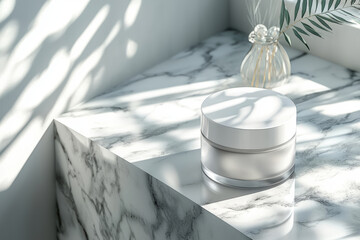 Wall Mural - A sleek cosmetic jar positioned on marble textured surface, surrounded by soft shadows and natural light, creates serene and elegant atmosphere