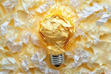 Wall Mural - Creative thinking and innovation idea concept.,Yellow light bulb made by paper over background with copy space for put text or logo. motivation, paper, thing, with generative ai