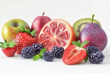 Wall Mural - summer fruits collection, 3d render, isolated on white background