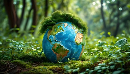 Globe nestled in vibrant forest floor, embodying themes of environmental stewardship, sustainability, and harmony with nature