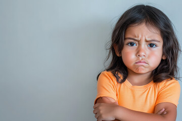 Young girl is pouting and crossing her arms showing she is upset