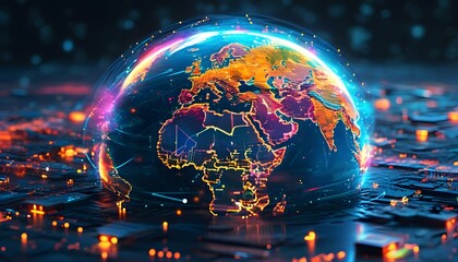 Wall Mural - Illuminated Digital Globe Showcasing Global Connectivity and Technology with Radiant Nodes and Vivid Colors