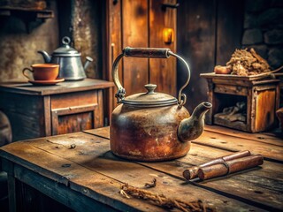 Rustic ancient kettle sits atop a worn, wooden desk, surrounded by vintage artifacts, evoking a sense of nostalgia and forgotten eras.