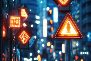 Futuristic reflective traffic signs in a smart city, reacting to changing light conditions for enhanced safety