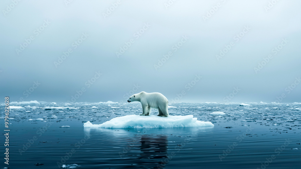 polar bear standing on a small melting iceberg surrounded by icy waters ...