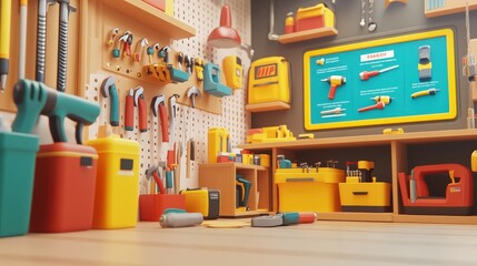 A 3D cartoon scene depicting a digital store specializing in DIY tools, with cartoon characters exploring an assortment of hammers, drills, and toolboxes