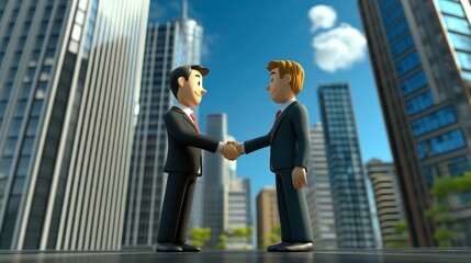 A 3D cartoon businessman shaking hands with a client in front of a skyscraper.