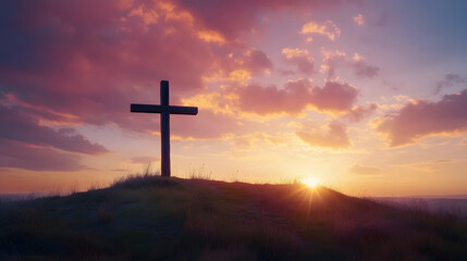 A wooden cross standing tall on a hill at sunrise, symbolizing hope and faith against the backdrop of a glowing sky.