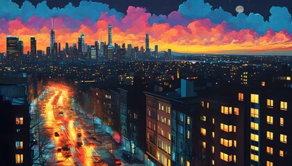 Vibrant pop art cityscape illuminated by night lights in a dynamic panoramic view