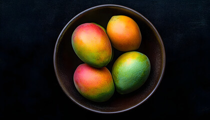 mango in a bowl on a black background, top view, copy space